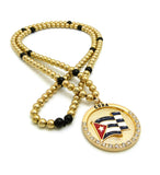 Stone Stud Waving Flag Medal Pendant with 6mm 30" CCB Bead Necklace in Gold-Tone, Cuba