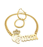 Stone Stud Crowned Queen Pendant Chain Necklace with Teardrop Hoop Earrings Jewelry Set