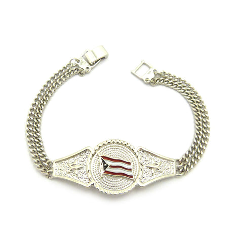 Puerto Rico Flag & Star Pendant w/3mm 7.75" Link Chain Bracelet, Silver-Tone