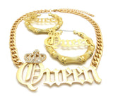 Stone Stud Crowned Queen Pendant Chain Necklace with Pincatch Earrings Jewelry Set