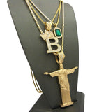 Colored Gemstone, Tilted Crown Initial B, Christ the Redeemer Pendant Set w/ Chain Necklaces