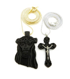 Jesus Face and Crucifix Black Wood Pendant w/ 2mm 24" & 30" Box Chain Neckaces