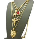 Ruby Red Stone, Power Plug, Extended Wing & King Lion Pendant Set w/ Chain Necklaces in Gold-Tone