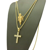 Stone Stud Praying Angel & 2 Row Cross Pendant Set w/ 2mm 24" & 30" Box Chain Necklaces in Gold-Tone