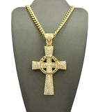 Circle Veritas Aequitas Stone Stud Cross Pendant w/6mm 30" Cuban Chain Necklace, Gold-tone