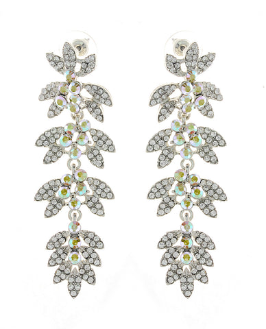 Women's Rhinestone Studded Leaf Dangling Clear Stone Vine Earrings in Silver-Tone