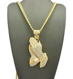 Stone Stud Praying Hands Pendant w/6mm 30" Cuban Chain Necklace, Gold-Tone
