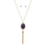 Women's Stud Border Oval Stone Pendant Necklace and Earrings Set