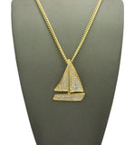 Stone Stud Sailboat Pendant w/3mm 24" Cuban Chain Necklace