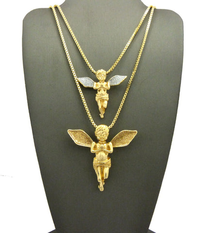 Gold-Tone Dusted Pray Angel Pendant Set w/ Box Chain Necklaces