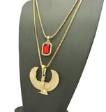 Faux Ruby Stone & Winged Kneeling Egyptian Goddess Maat Pendant Set w/ 2mm Box Chains in Gold-Tone