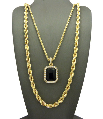 Colored Gemstone Pendant with 3mm 24" Rope Chain and 6mm 30" Rope Chain Necklace in Gold-Tone