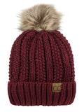 C.C Thick Cable Knit Faux Fuzzy Fur Pom Fleece Lined Skull Cap Cuff Beanie