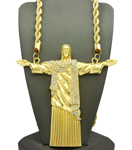 Stone Stud Christ the Redeemer Figure w/ 8mm 30" Rope Chain Necklace in Gold-Tone