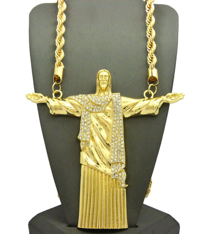 Stone Stud Christ the Redeemer Figure w/ 8mm 30" Rope Chain Necklace in Gold-Tone