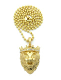 Stone Stud Crown King Lion Head Pendant w/ Chain Necklace