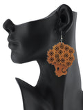 Wooden Floral Turban Fro African Woman Head Dangle Pierced Earrings