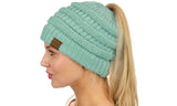 C.C Sparkly Sequin Cable Knit Messy High Bun Ponytail Beanie