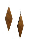 Women's Wooden Elongated Diamond Shape Dangle Pierced Earrings