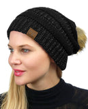 NYFASHION101 Soft Stretch Cable Knit Faux Fur Pom Pom Metal Color Beanie Hat