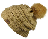 NYFASHION101 Soft Stretch Cable Knit Faux Fur Pom Pom Beanie Hat