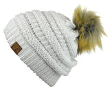 NYFASHION101 Soft Stretch Cable Knit Faux Fur Pom Pom Metal Color Beanie Hat