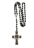 Veriteas Aequitas Cross Pendant w/ 6mm 30" Black Glass Stone Bead Necklace, Hematite-Tone - Multiple Options