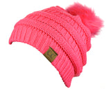 NYFASHION101 Soft Stretch Cable Knit Faux Fur Pom Pom Beanie Hat