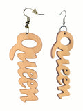 Women's Afrocentric African Text Wood Dangle Pierced Earrings, Queen