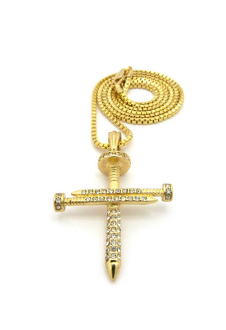Studded Allover 3 Cross Nail Pendant w/ 2mm 24" Box Chain Necklace in Gold-Tone