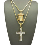 Gold-Tone Dusted Jesus Face & 2 Row Stone Cross Pendant Set w/ 24" & 30" Box Chain Necklaces in Gold-Tone