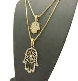 Stone Stud Hamsa Palm Fatima Hand Pendant Set w/ 2mm 24" & 30" Box Chain Necklaces in Gold-Tone