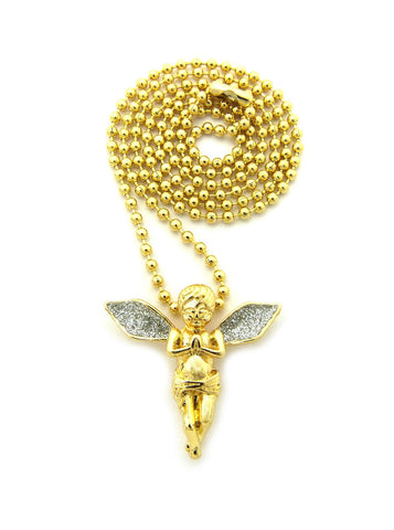 Dusted Extended Wing Pray Angel Micro Pendant w/ Chain Necklace