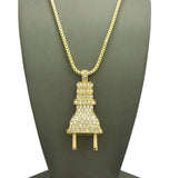 Stone Stud Large Power Plug Pendant Necklace, Gold-Tone