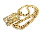 Stone Stud Jesus Face Pendant with 12mm 30" Iced Out Cuban Chain Necklace in Gold-Tone