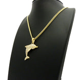 Stone Stud Diving Dolphin Pendant w/ Chain Necklace, Gold-Tone