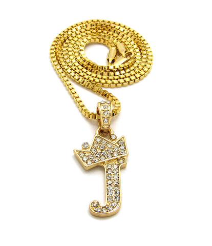 Unisex Stone Stud Tilted Crown Letter Initial Micro Pendant 2mm Box Chain Necklace, 20", J