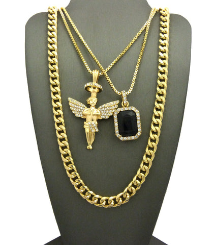 Colored Gemstone & Hip Hop Pendant Set on Box Chains with Cuban Chain in Gold-Tone