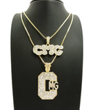 Stone Stud Hip Hop CMG Record Label Initials Pendant Set with 2mm 24" & 30" Box Chain Necklaces