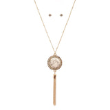 Women's Stud Border Round Stone Pendant Necklace and Earrings Set