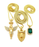 Faux Emerald Stone, Halo Angel & King Lion Pendant Set w/ Multi Length Box Chains in Gold-Tone