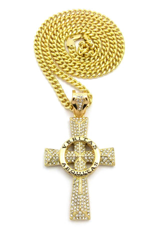 Circle Veritas Aequitas Stone Stud Cross Pendant w/6mm 30" Cuban Chain Necklace, Gold-tone