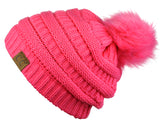 NYFASHION101 Soft Stretch Cable Knit Faux Fur Pom Pom Beanie Hat