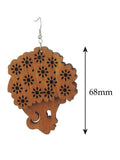 Wooden Floral Turban Fro African Woman Head Dangle Pierced Earrings