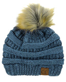 NYFASHION101 Soft Stretch Cable Knit Faux Fur Pom Pom Metal Color Beanie Hat