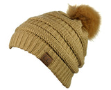 NYFASHION101 Soft Stretch Cable Knit Faux Fur Pom Pom Beanie Hat