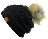 NYFASHION101 Soft Stretch Cable Knit Faux Fur Pom Pom Metal Color Beanie Hat