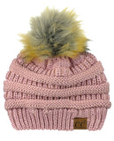 NYFASHION101 Soft Stretch Cable Knit Faux Fur Pom Pom Metal Color Beanie Hat