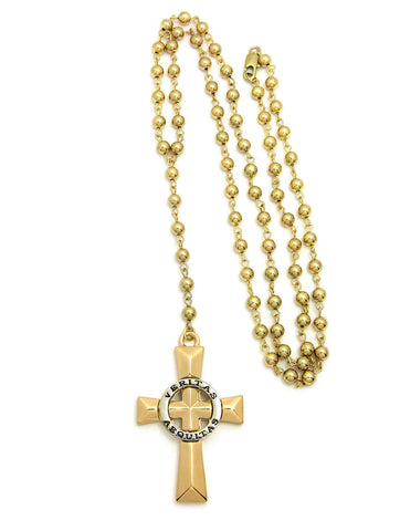 Veriteas Aequitas Cross Pendant w/ 6mm 30" CCB Bead Rosary Necklace: Gold Tone / Silver Tone