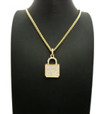 Stone Stud Padlock Pendant w/ 3mm 24" Cuban Chain Necklace